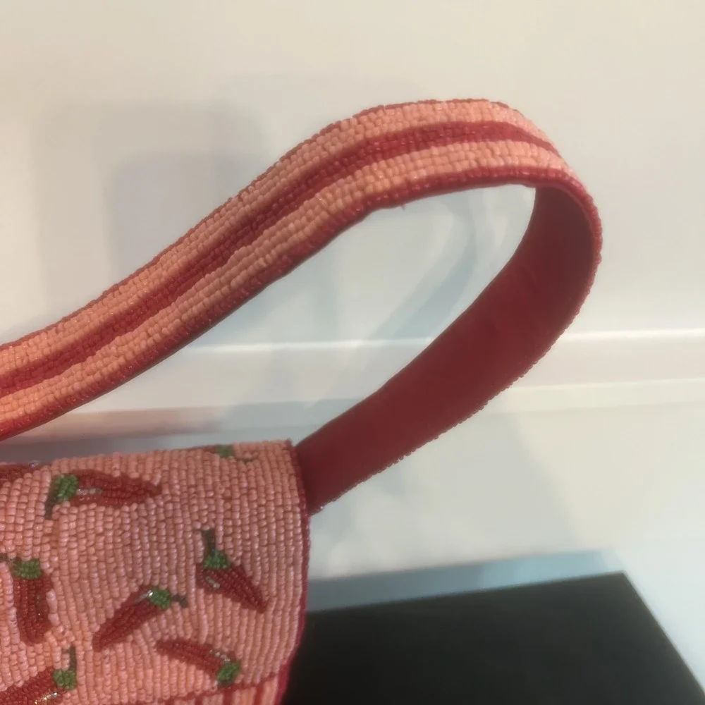 NEW-Handcrafted In India Beaded Chili Peppers Pink Red Striped Shoulder Bag